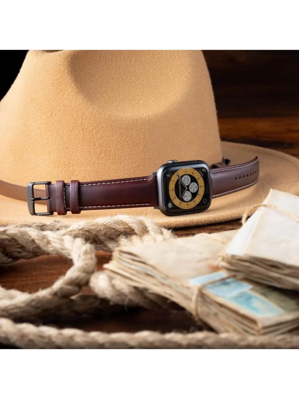 Men's Mahogany/Natural Thread, Matte Gray Hardware Leather Straps Apple Watch